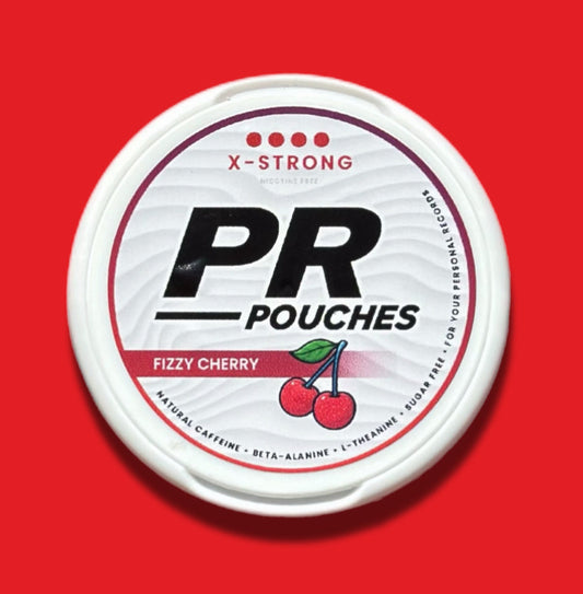 PR Pouches container with cherry flavor on a red background